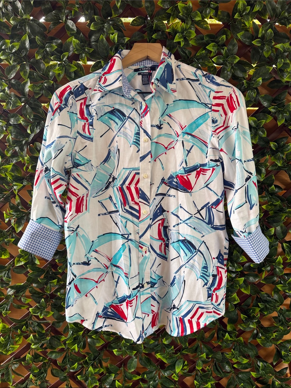 Chaps White No Iron Button-Down Shirt with Red, Navy & Aqua Beach Umbrella Print